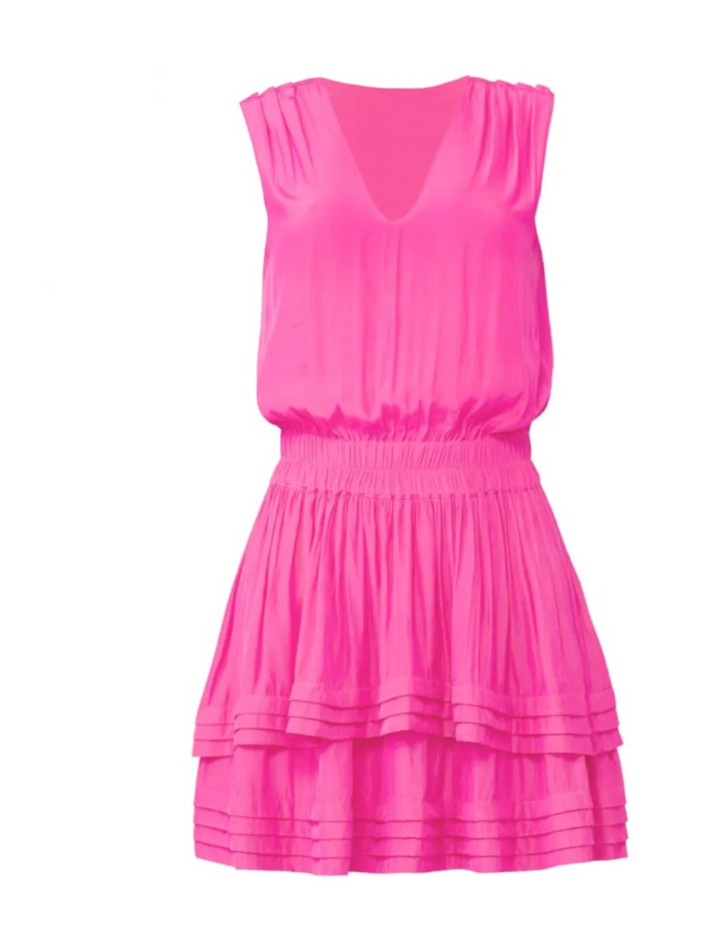 Ramy Brook Raquel Tiered Smocked V-Neck Mini Dress Hot Pink Size L